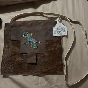 Artisan Brown Crossbody Bag with Gecko Accent